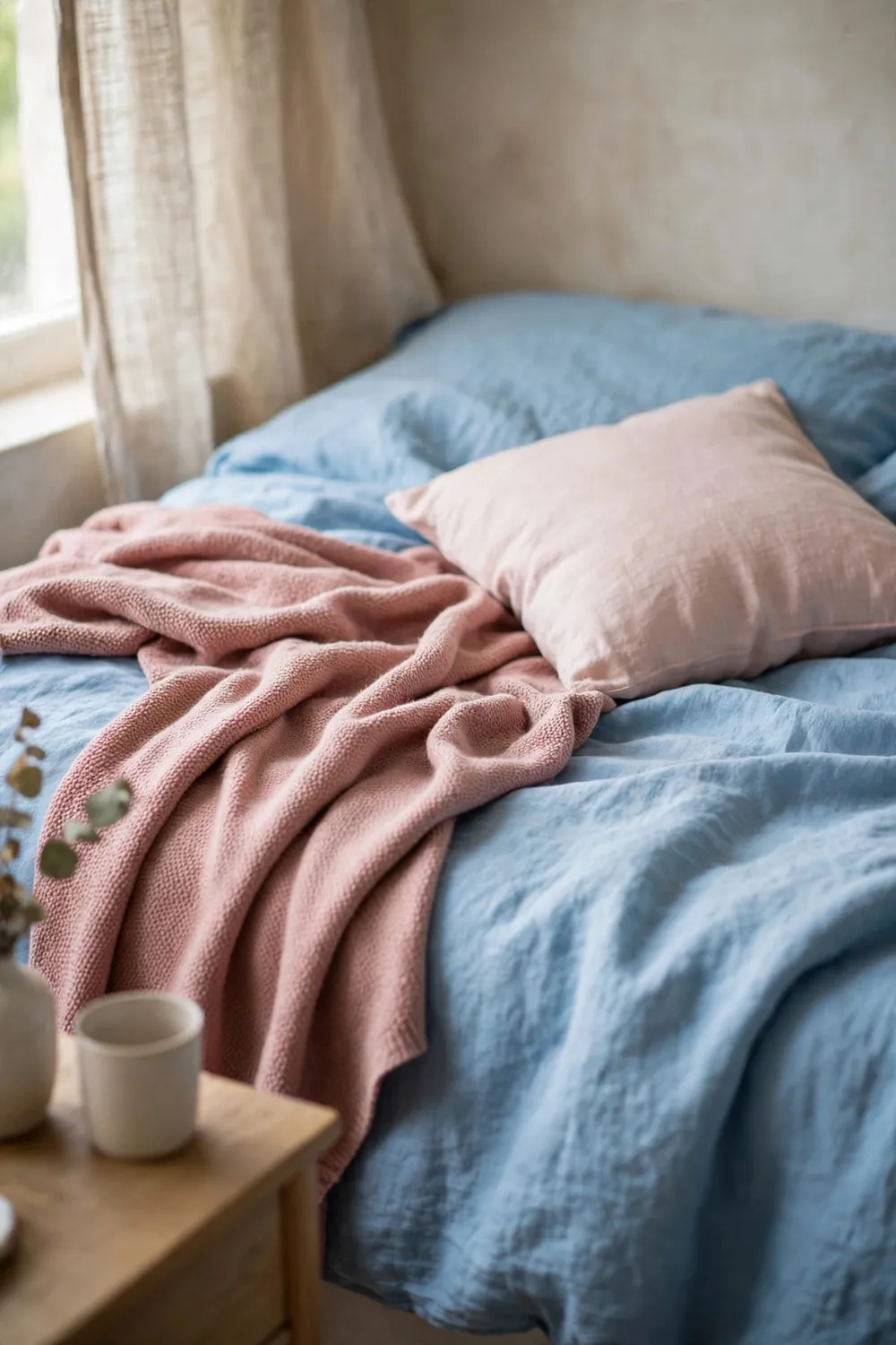 Calm bedroom with sky blue bedding: soft Blush and Dusty Rose: The Gentle Romantic Direction