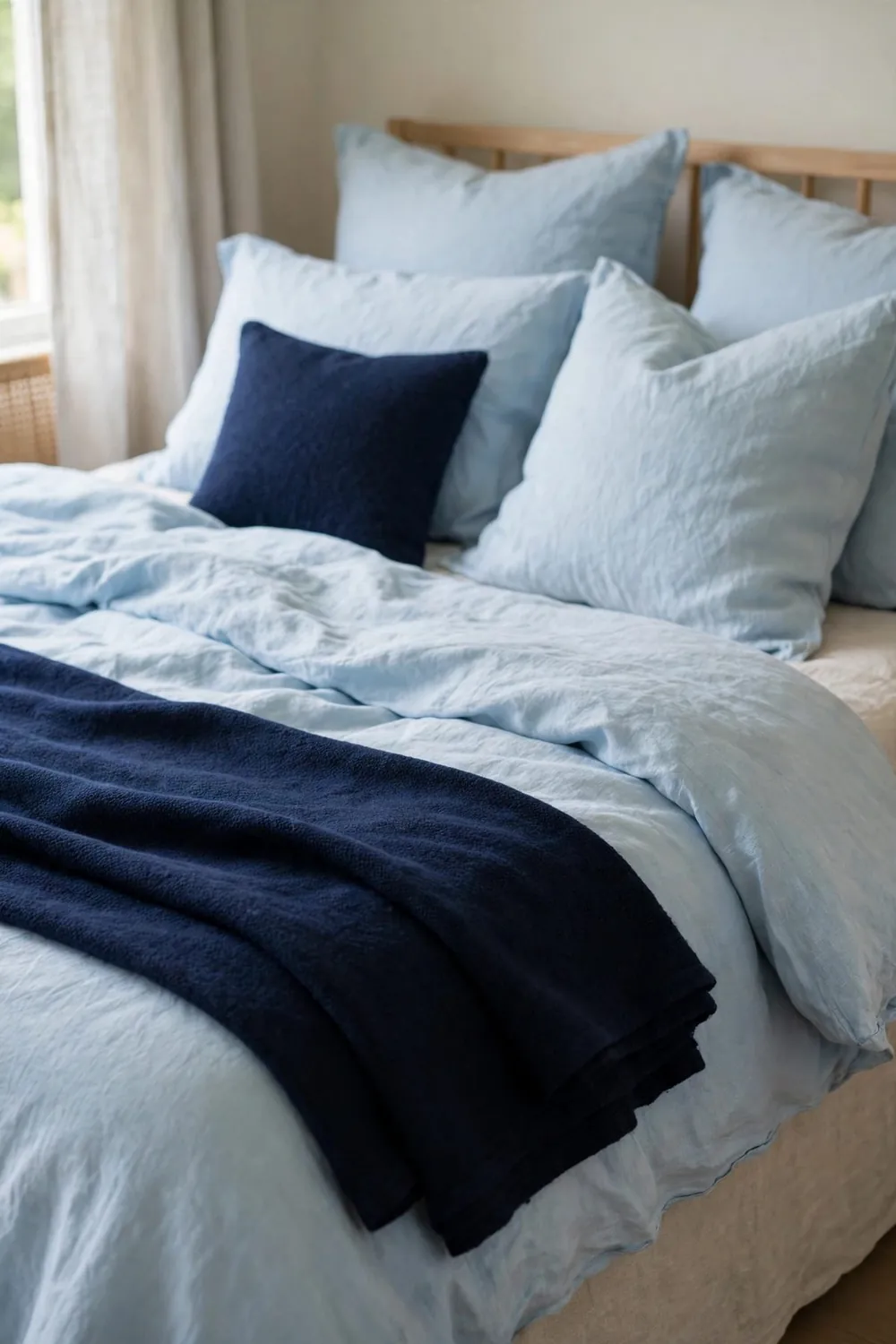 Calm bedroom with sky blue bedding: navy: The Depth Anchor