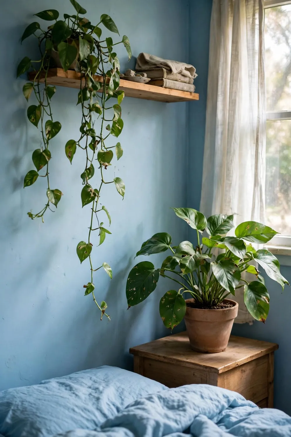 Calm bedroom with sky blue bedding: greenery: The Living Accent