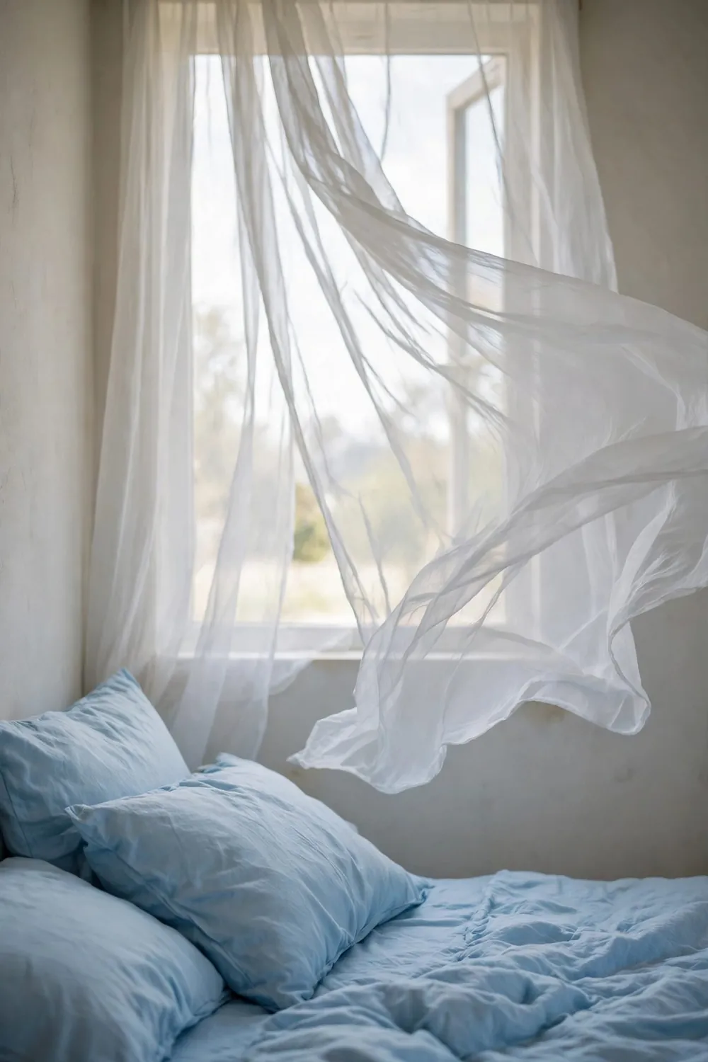 Calm bedroom with sky blue bedding: keep Curtains Sheer, Light, and Airy