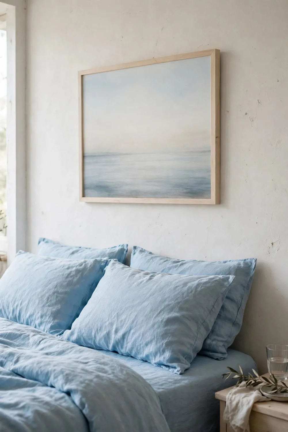 Calm bedroom with sky blue bedding: choose Art That Whispers: Seascapes and Sky