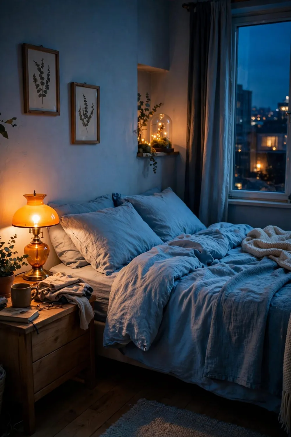 Calm bedroom with sky blue bedding: light It Warm in the Evening (This Is the Secret)