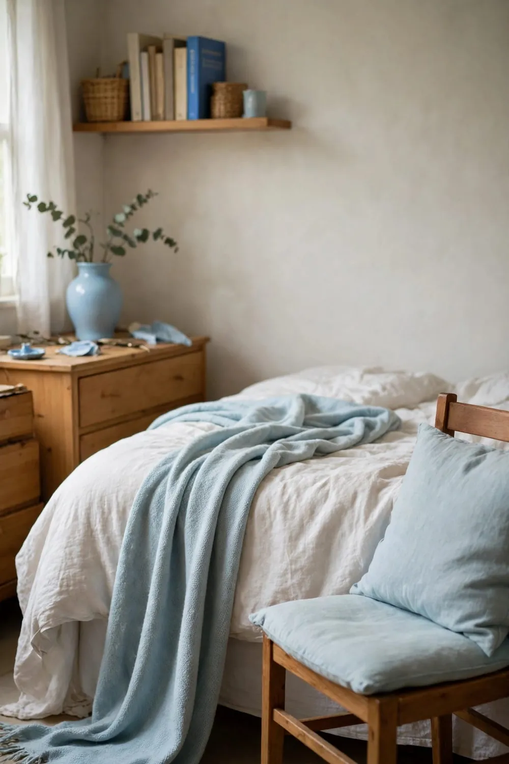 Calm bedroom with sky blue bedding: take Blue Around the Room in Small Echoes