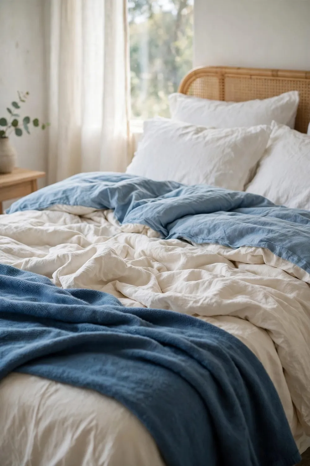 Calm bedroom with sky blue bedding: add a White Waffle-Weave Throw