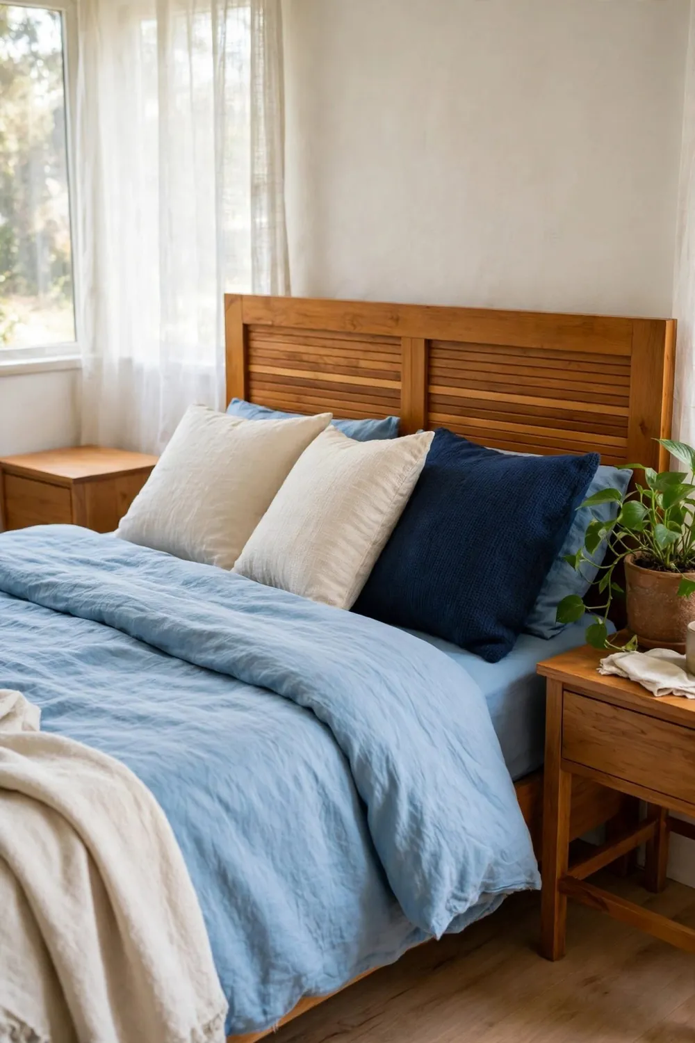 Calm bedroom with sky blue bedding: pair Sky Blue With Soft Grey for Mist