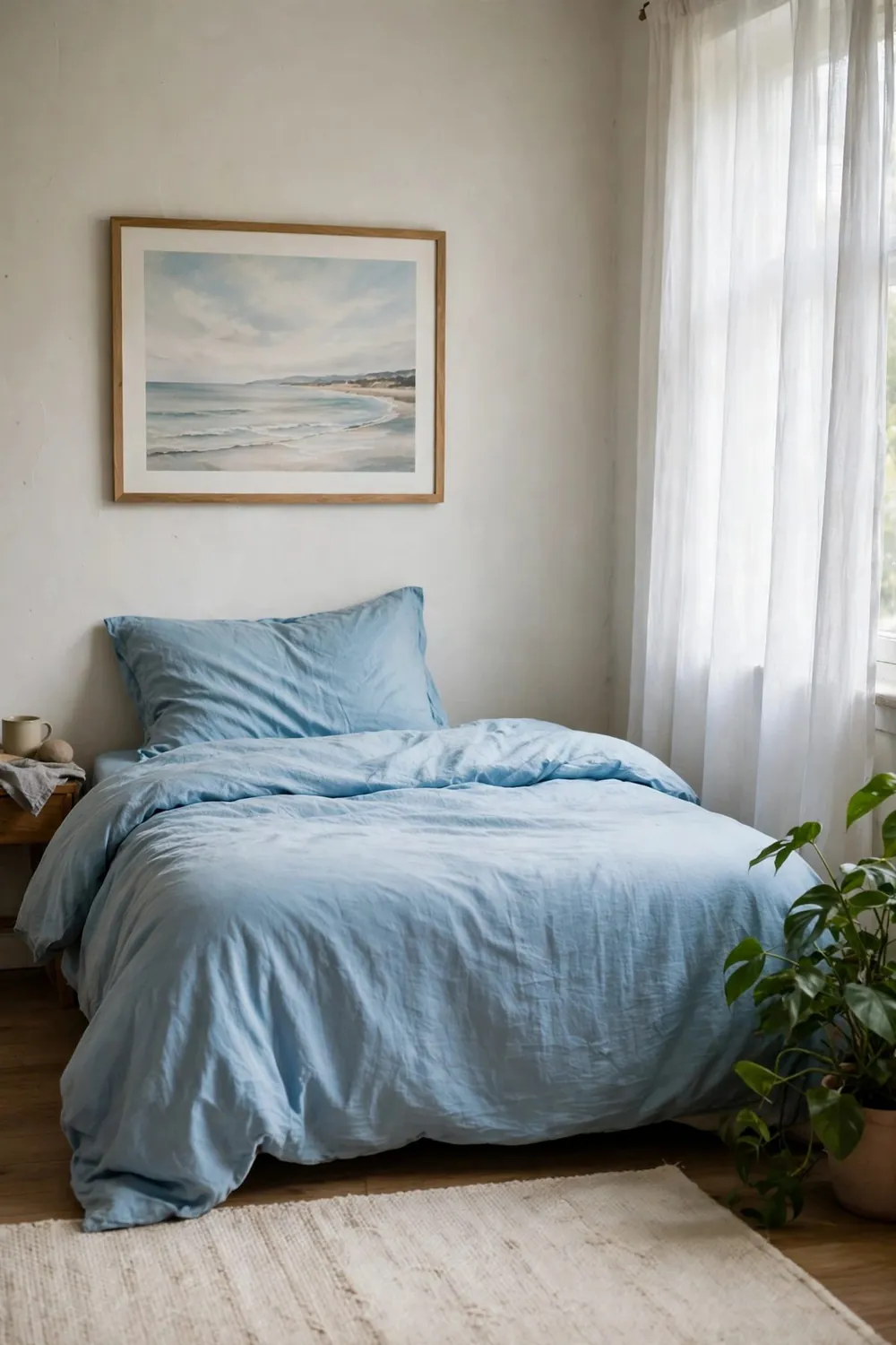 Calm bedroom with sky blue bedding: choose Reversible Bedding and Flip the Mood