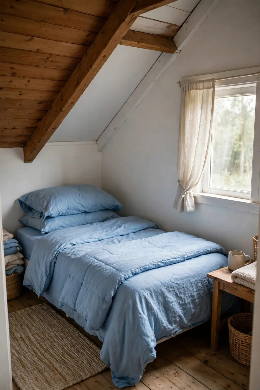 Calm bedroom with sky blue bedding: keep a Pale Blue Quilt for Summer Weight