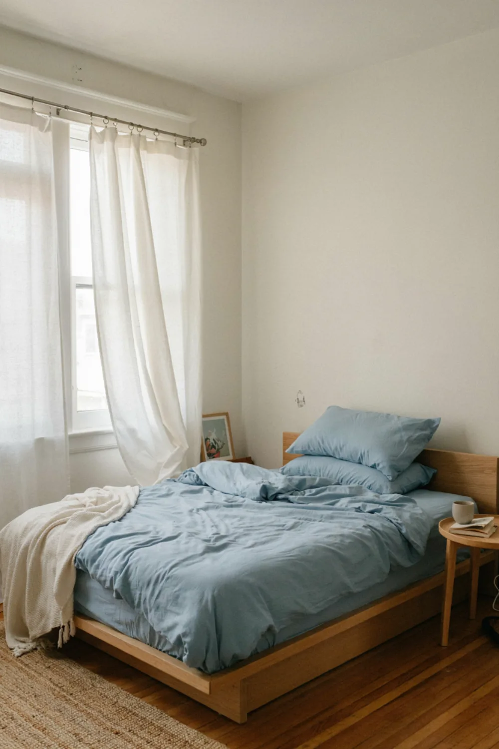 Calm bedroom with sky blue bedding: match the Bed With Sheer White Curtains