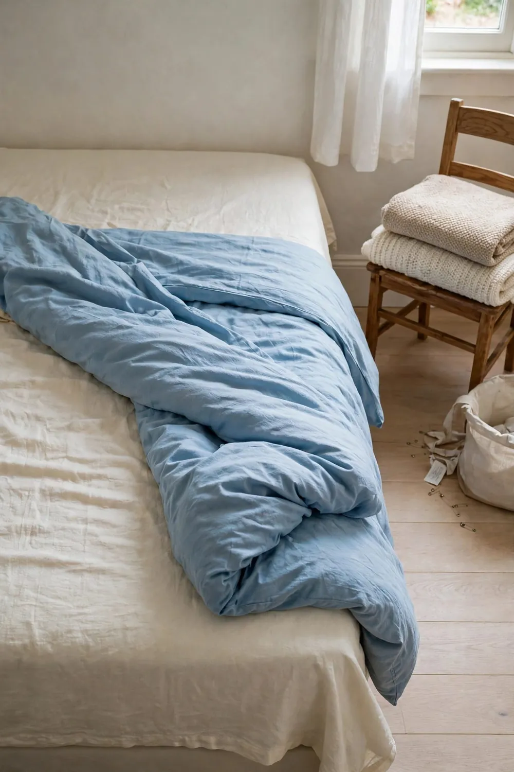 Calm bedroom with sky blue bedding: sleep Cool in Cotton Percale