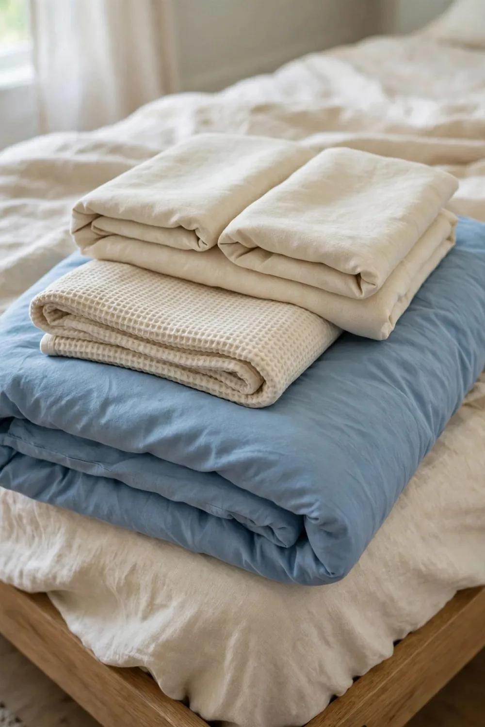 Calm bedroom with sky blue bedding: fold a Denim-Blue Throw at the Foot