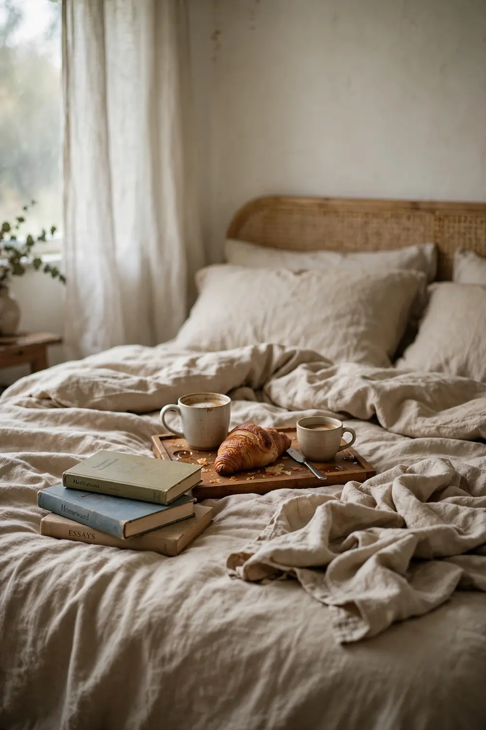 Romantic bedroom in soft morning light with a wooden breakfast tray, two coffee cups, a croissant, and books resting on rumpled neutral linen bedding