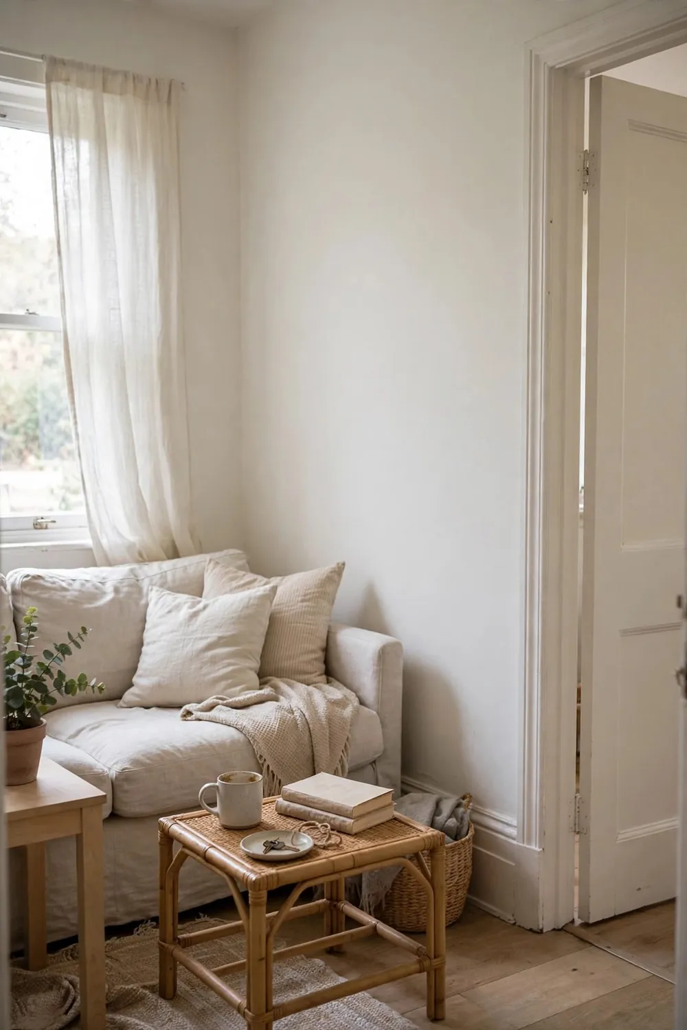 Small bright living room: paint Walls and Trim the Same Soft Color