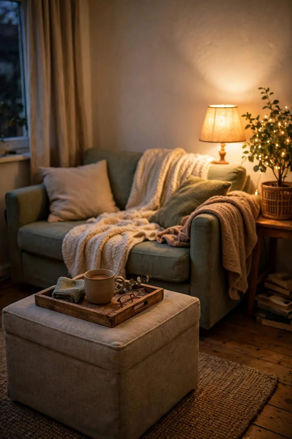 Small living room in the evening with warm layered lamplight, a storage ottoman with a tray and tea, and soft throws on the sofa
