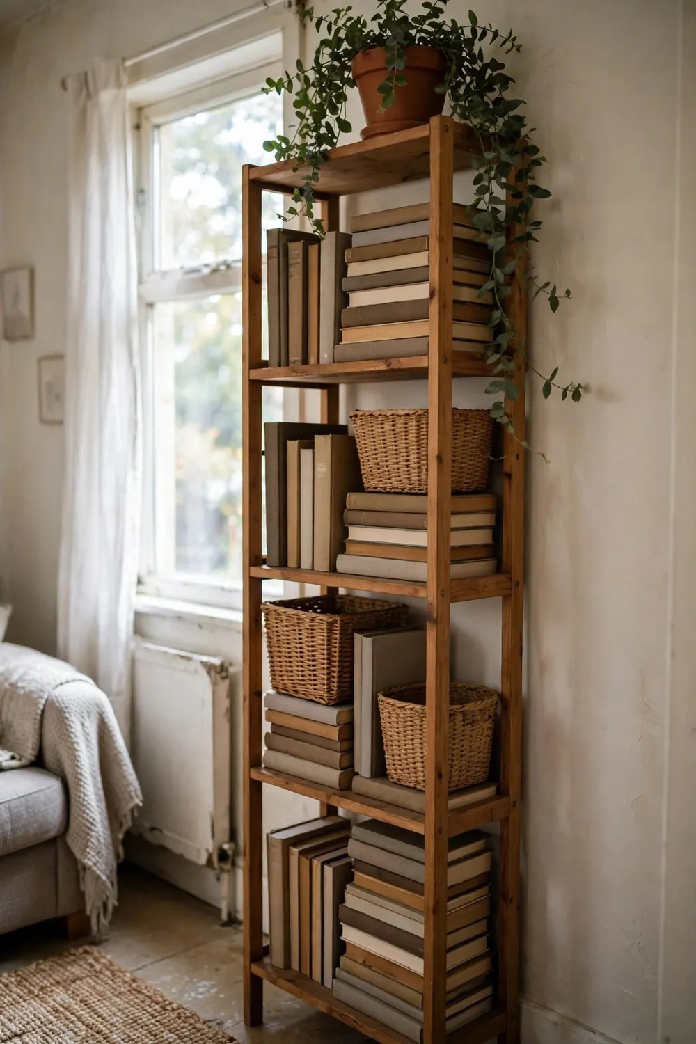 Small bright living room: go Vertical With Tall, Slim Shelving