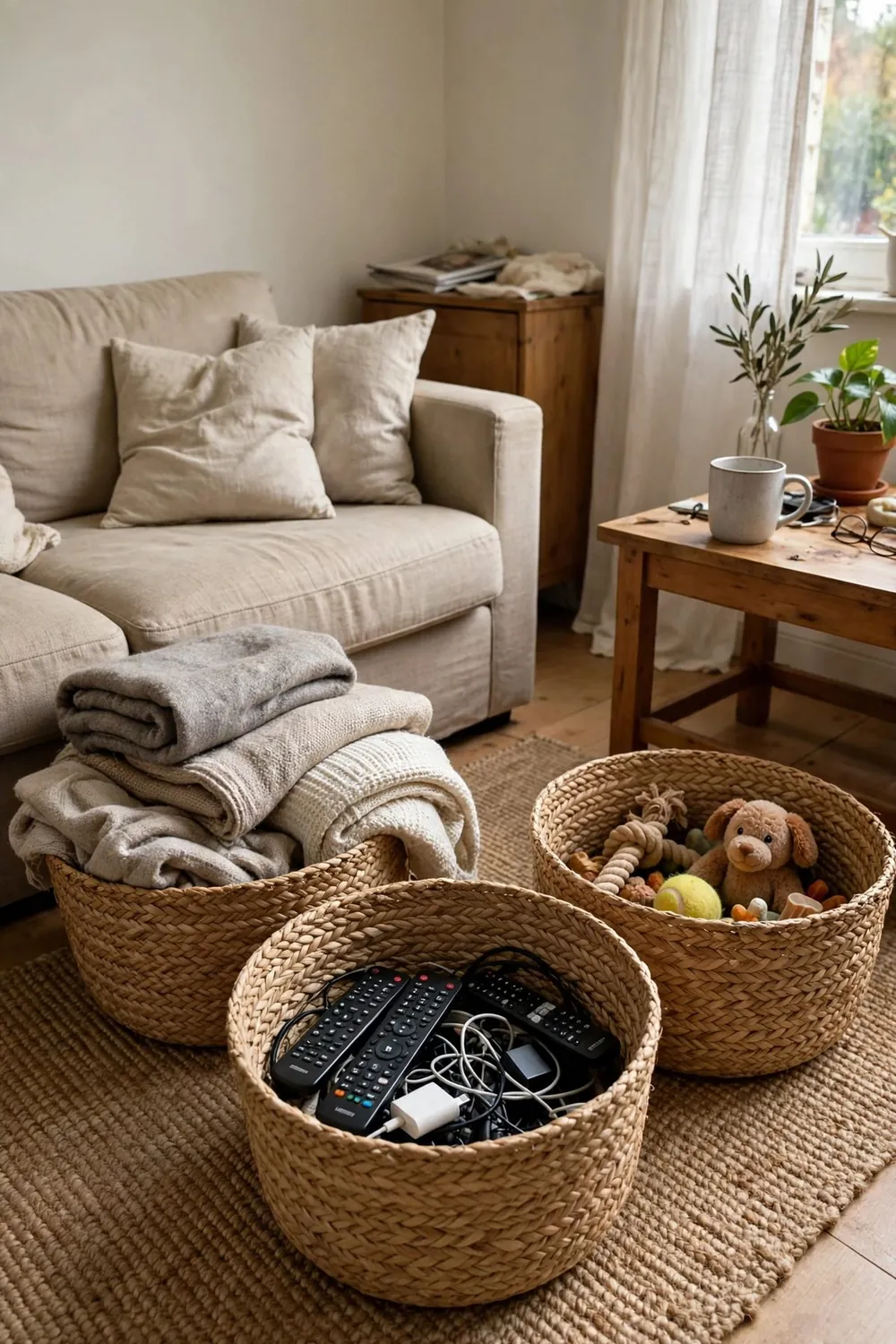 Small bright living room: use Baskets as Your Overflow System