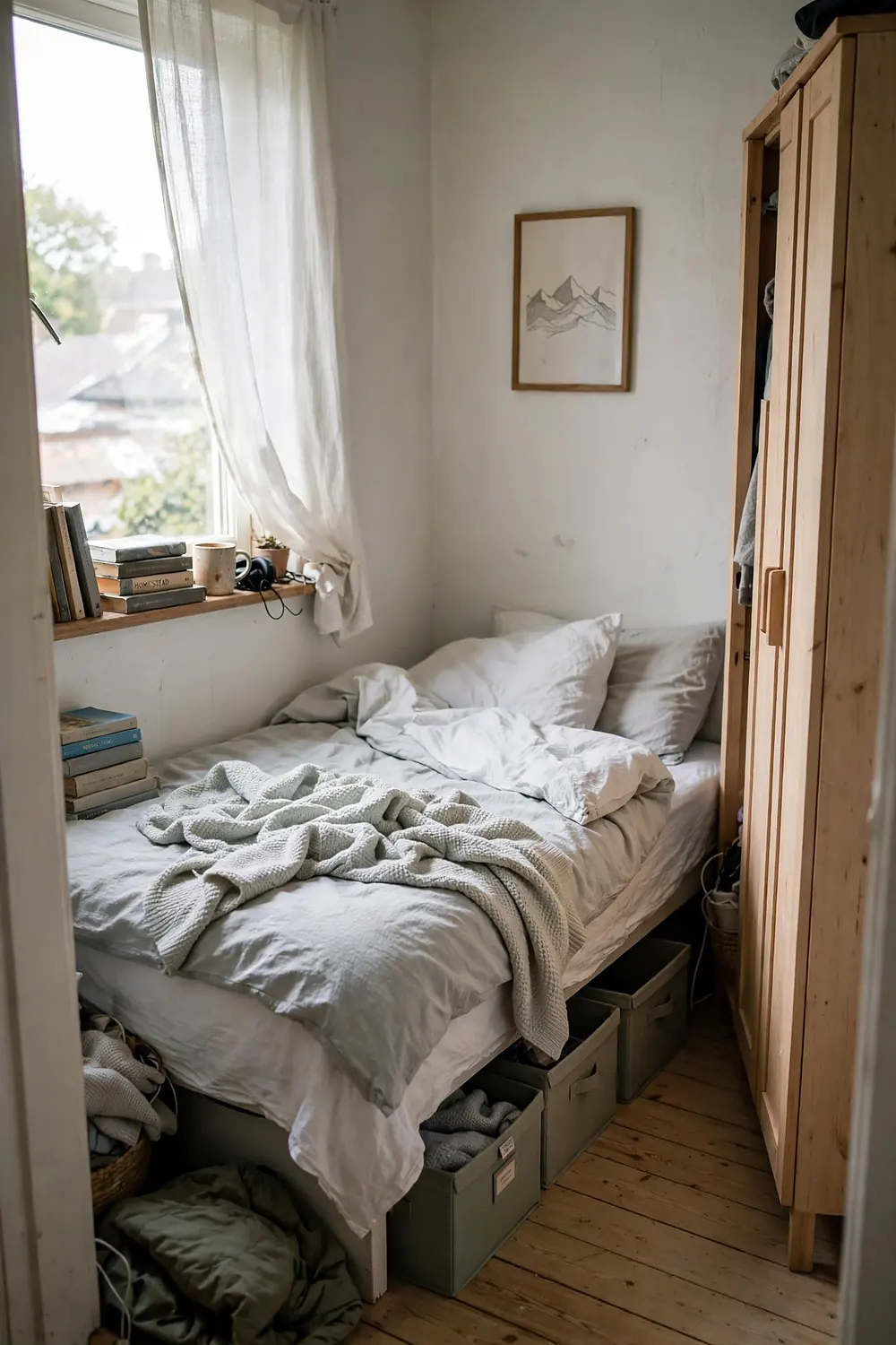 Small Scandinavian bedroom with under-bed storage boxes, narrow light wood wardrobe, white bedding and a knitted throw by a bright window