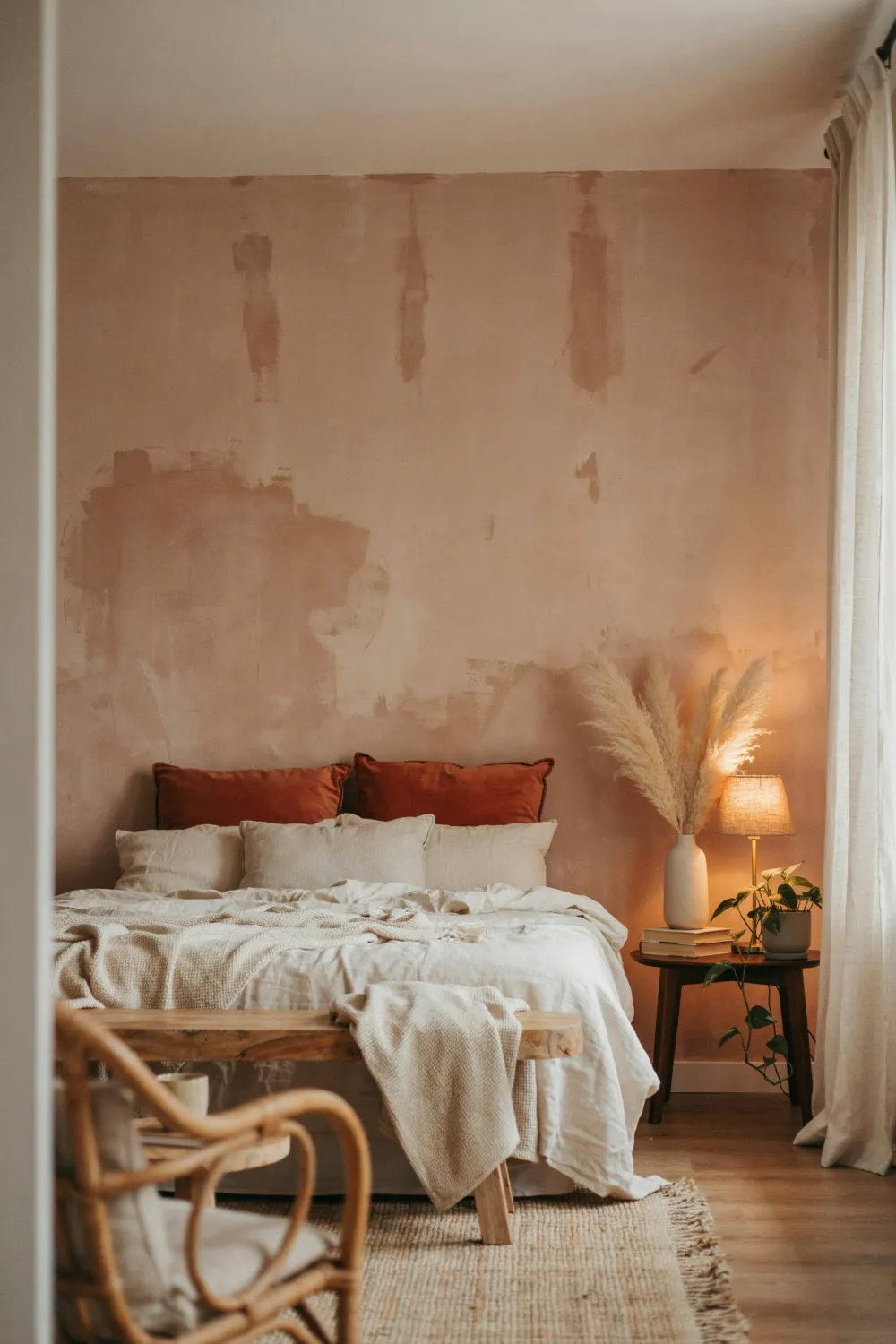 Bedroom with a warm terracotta limewash wall and rust pillows