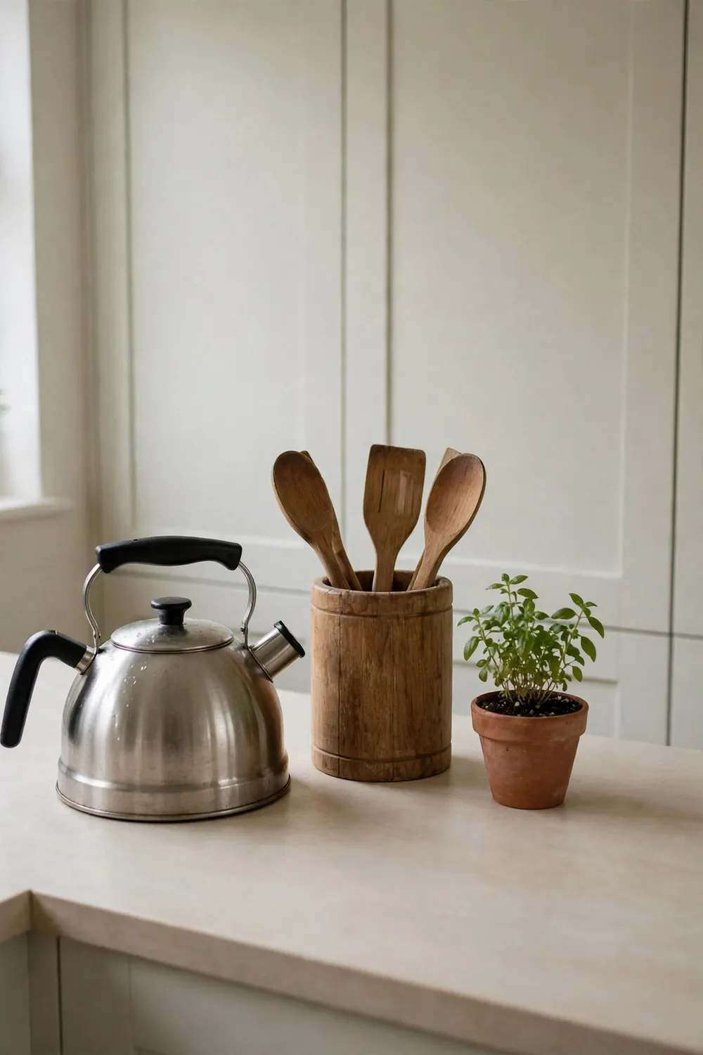 Bright tiny kitchen: empty the Counters Down to Three Things