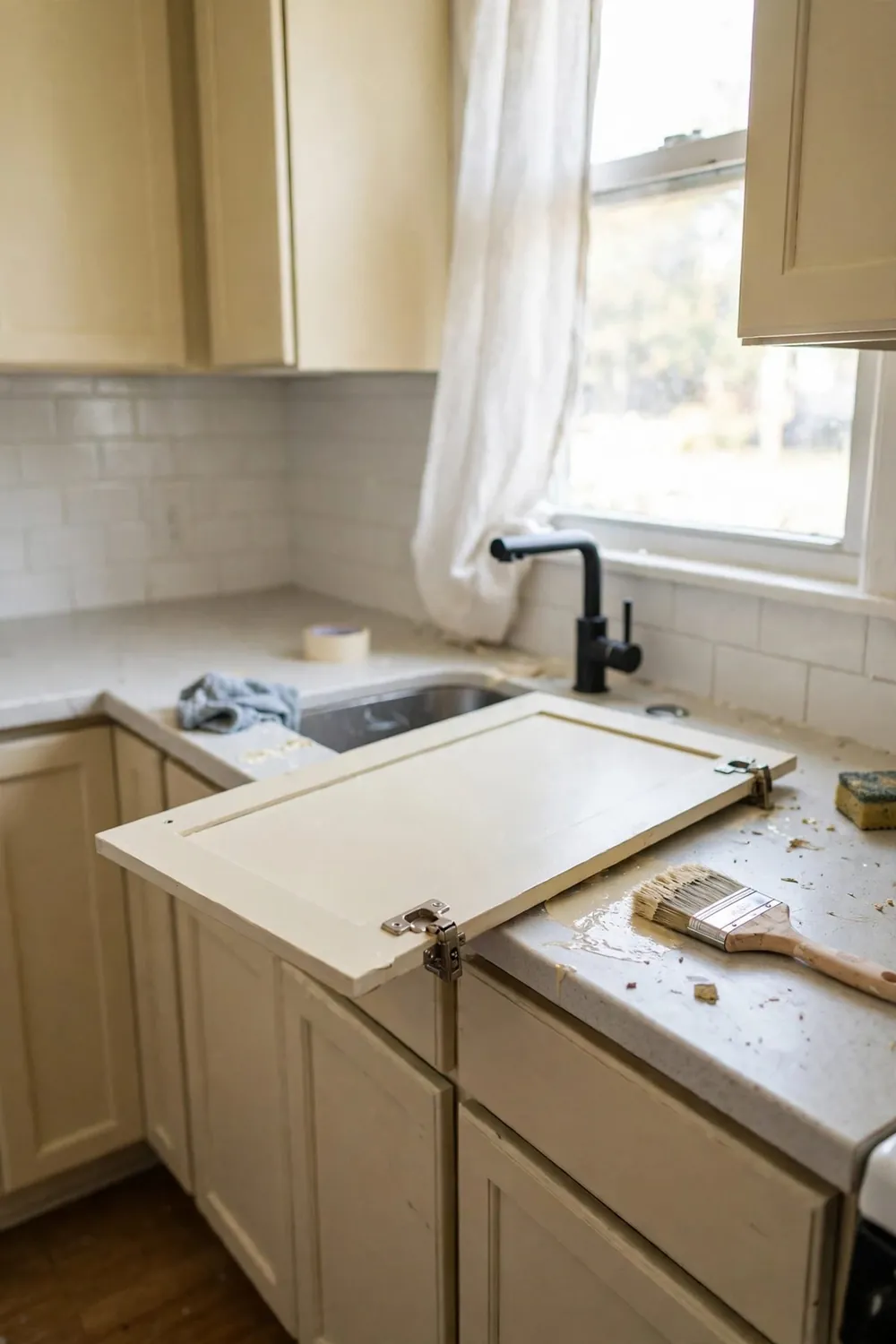 Bright tiny kitchen: paint Cabinets a Light, Warm Color