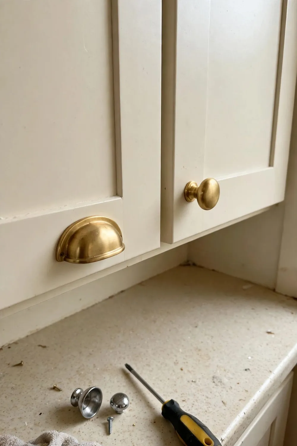 Bright tiny kitchen: swap Hardware for Warm Metal