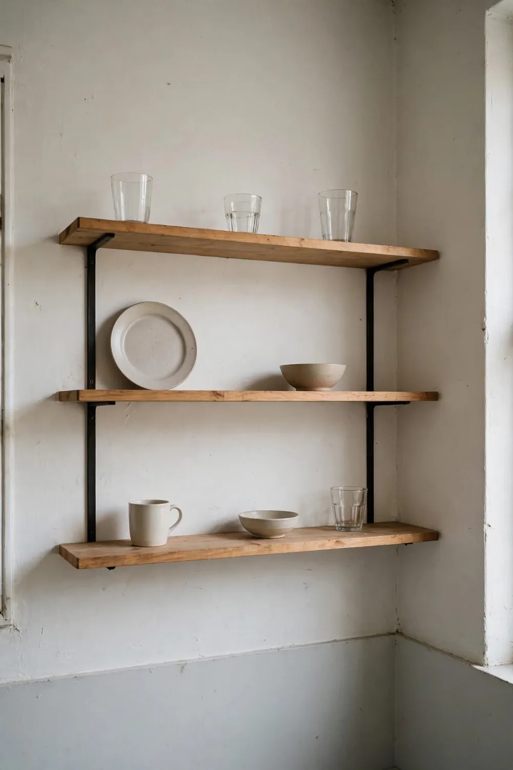 Bright tiny kitchen: add Open Shelves (One Run, Styled Sparingly)
