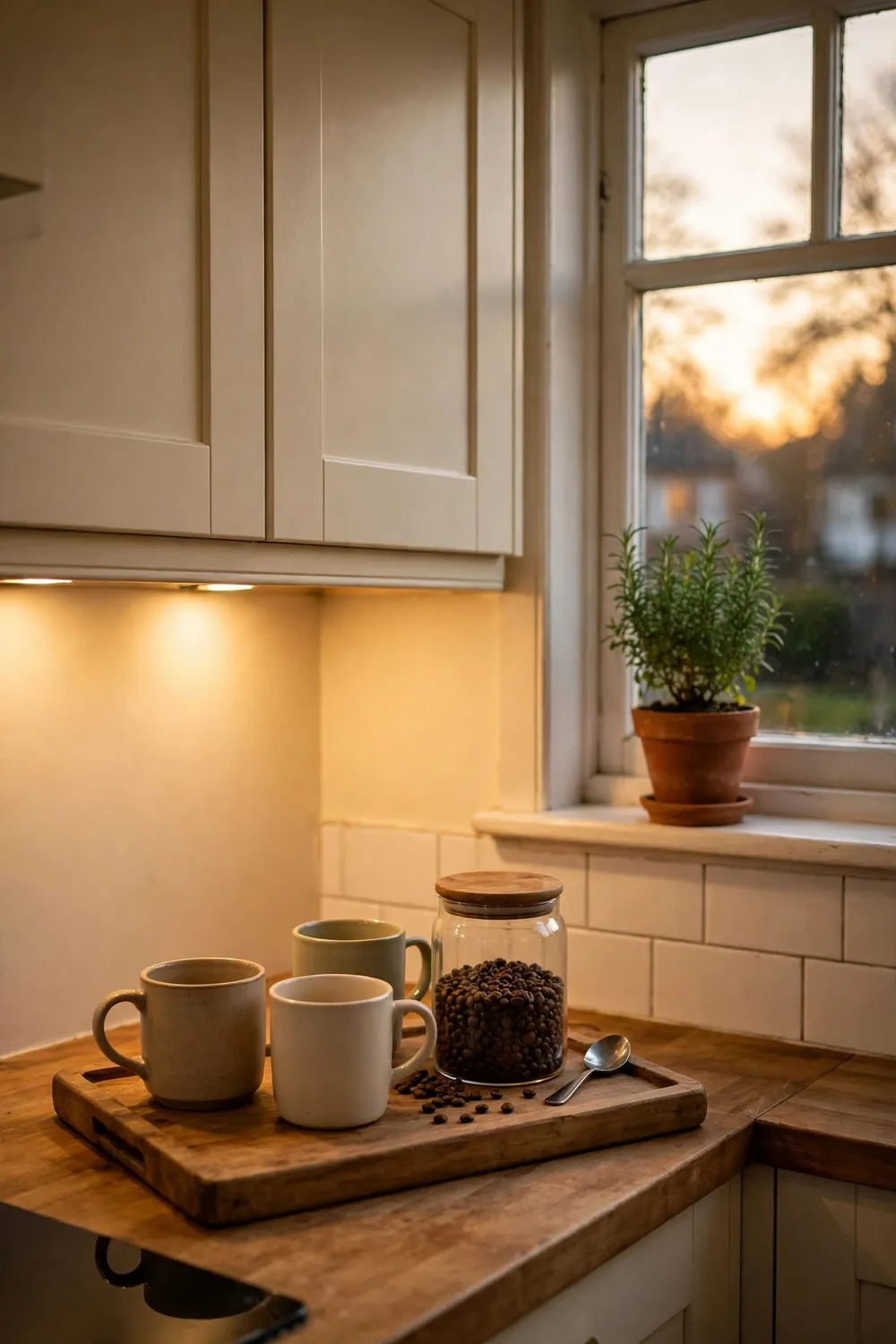 Finished tiny kitchen after its makeover with a coffee station on a tray, herb pot on the sill, and warm evening light