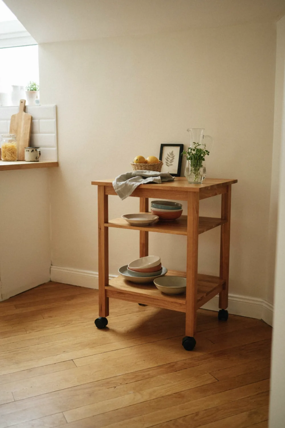 Bright tiny kitchen: add a Rolling Cart as a Movable Island