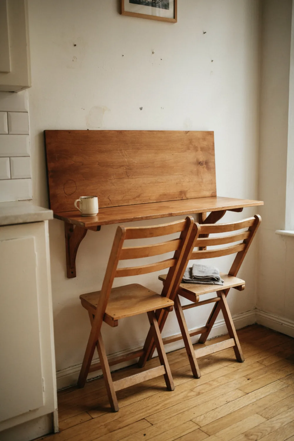 Bright tiny kitchen: fold Down a Wall Table for Eating