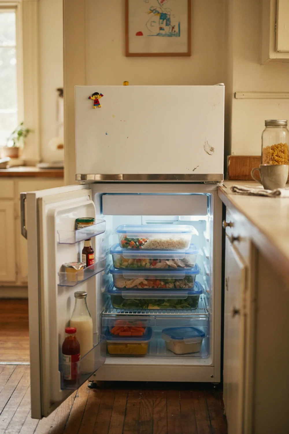 Bright tiny kitchen: stack Clear Containers in the Fridge