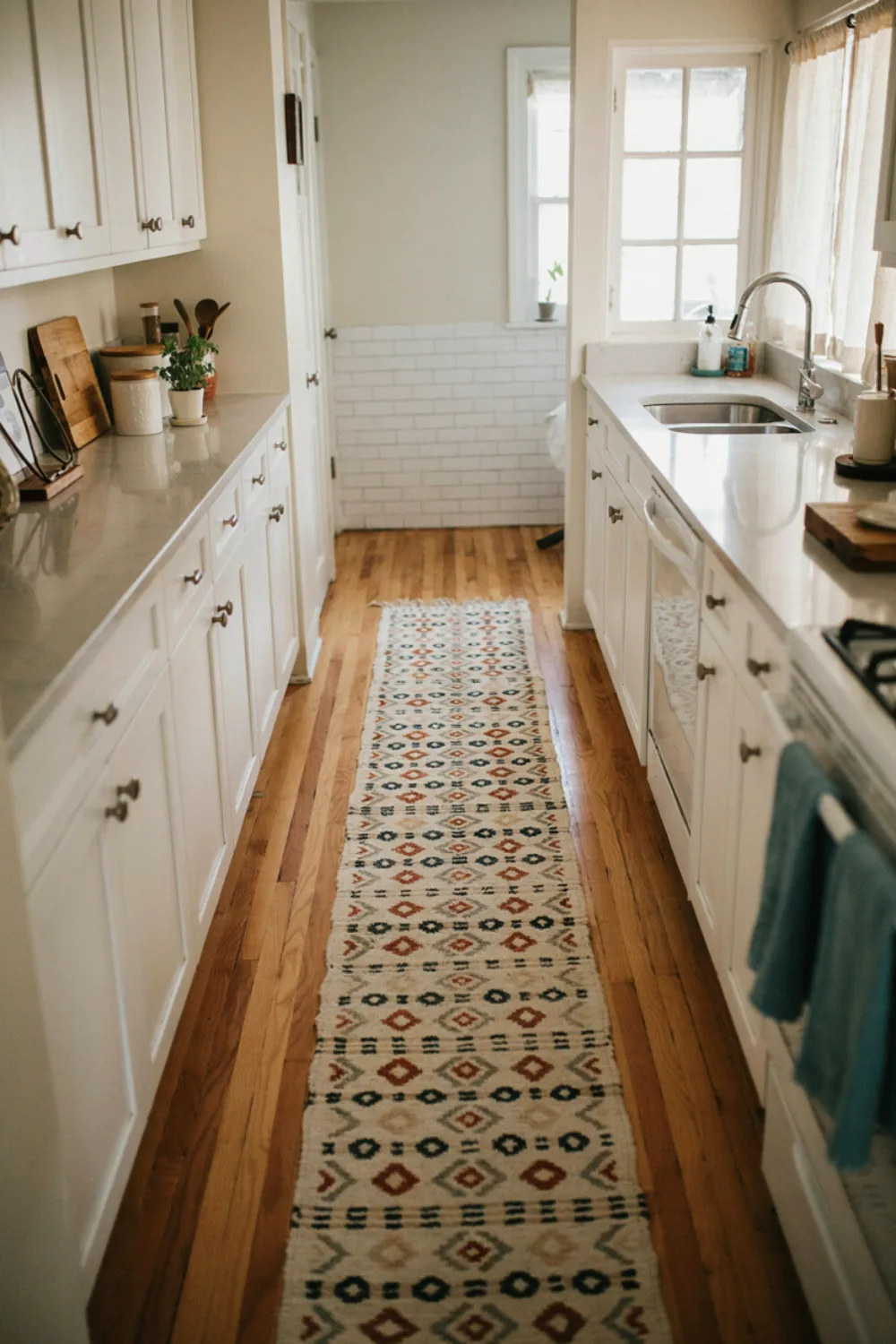 Bright tiny kitchen: warm the Work Zone With a Runner