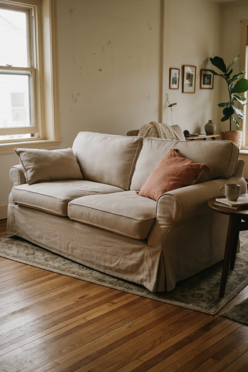 Living room sofa: the Bridgewater Sofa with low rolled arms and loose cushions