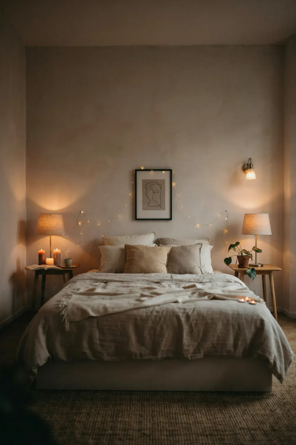Bedroom glowing with warm bedside lamps, wall sconce and candles at night