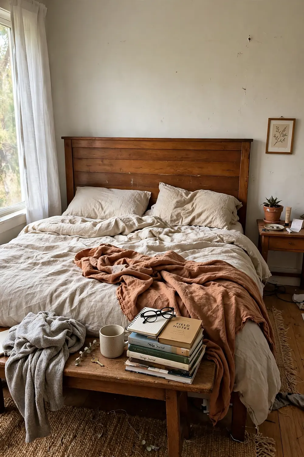 Neutral bedroom with a warm wood headboard, a bench at the foot of the bed, and rumpled cream bedding