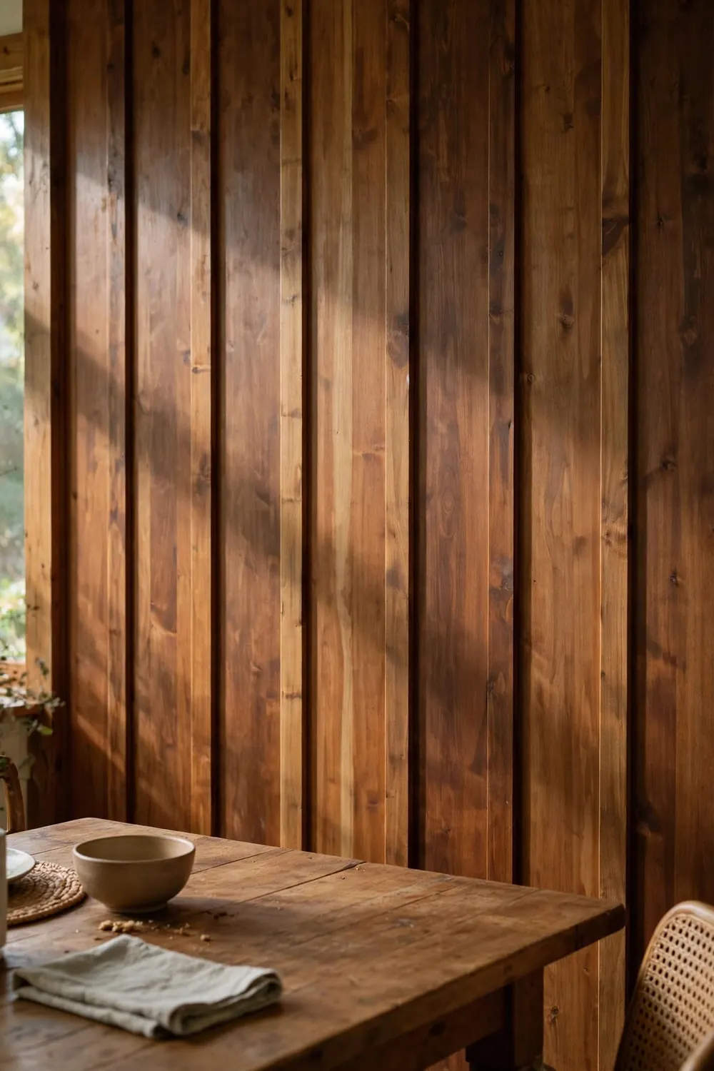 Room with warm wood wall decor: board and Batten in Warm Stain