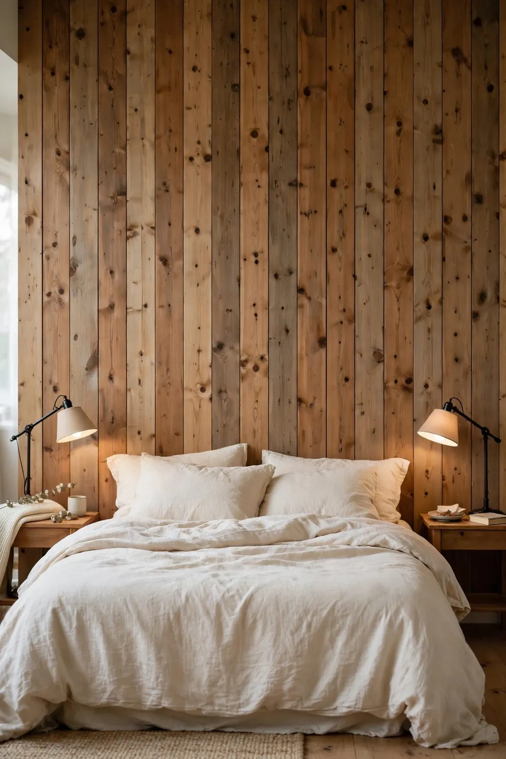 Room with warm wood wall decor: a Wood Headboard Wall