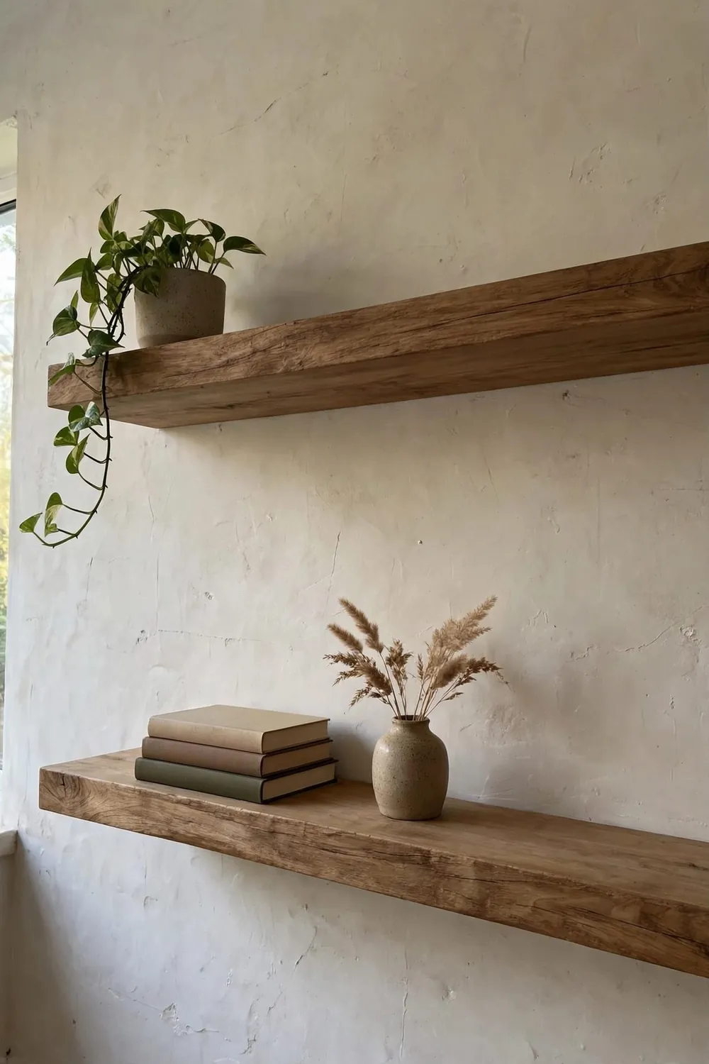 Room with warm wood wall decor: floating Wood Shelves, Styled Slowly