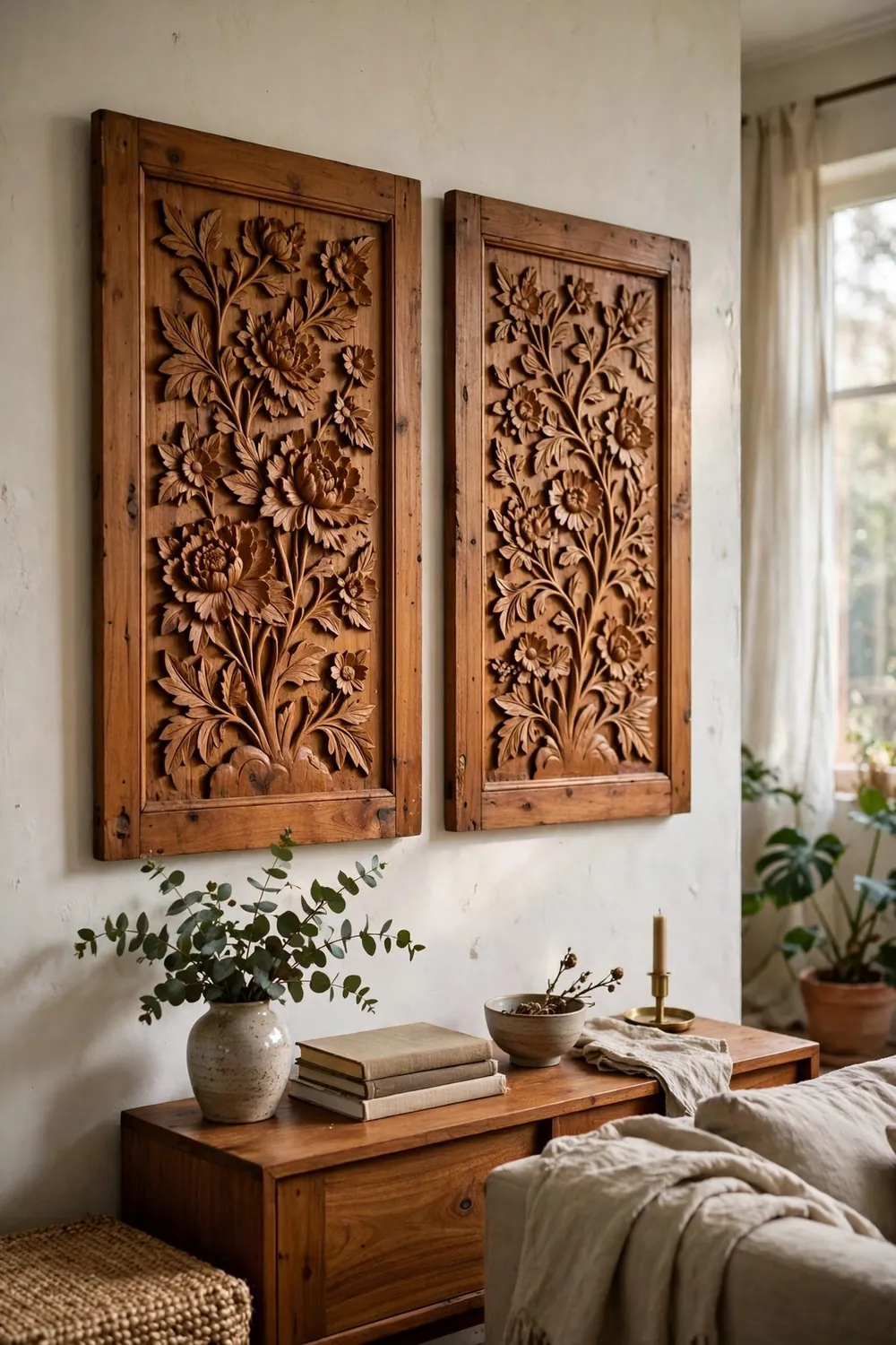 Room with warm wood wall decor: carved Wood Panels and Wood Art