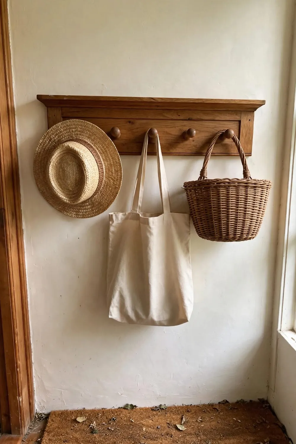 Room with warm wood wall decor: wooden Wall Hooks and Peg Rails