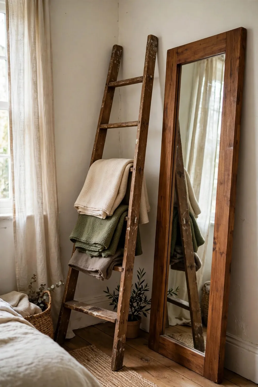 Room with warm wood wall decor: leaning Wood Ladders and Tall Mirrors With Wood Frames