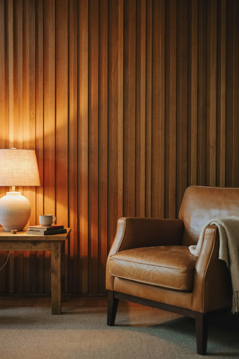 Entryway with a wooden peg rail holding coats and a hat above a bench, warm wood tones in soft light