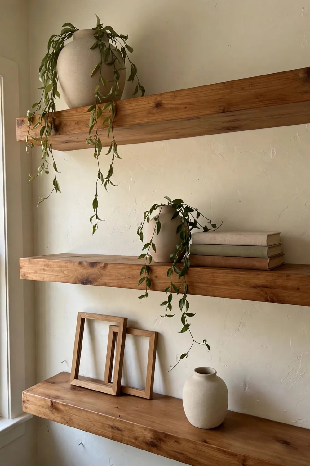 Room with warm wood wall decor: float Wood Shelves on Hidden Brackets