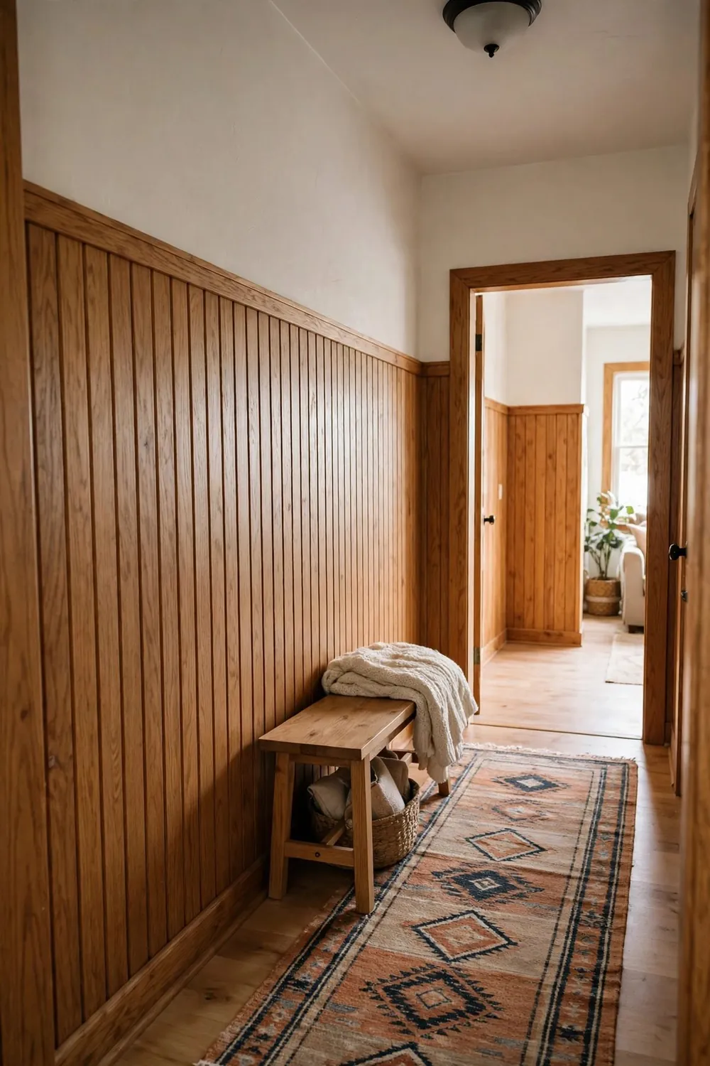 Room with warm wood wall decor: build a Half-Wall of Vertical Battens