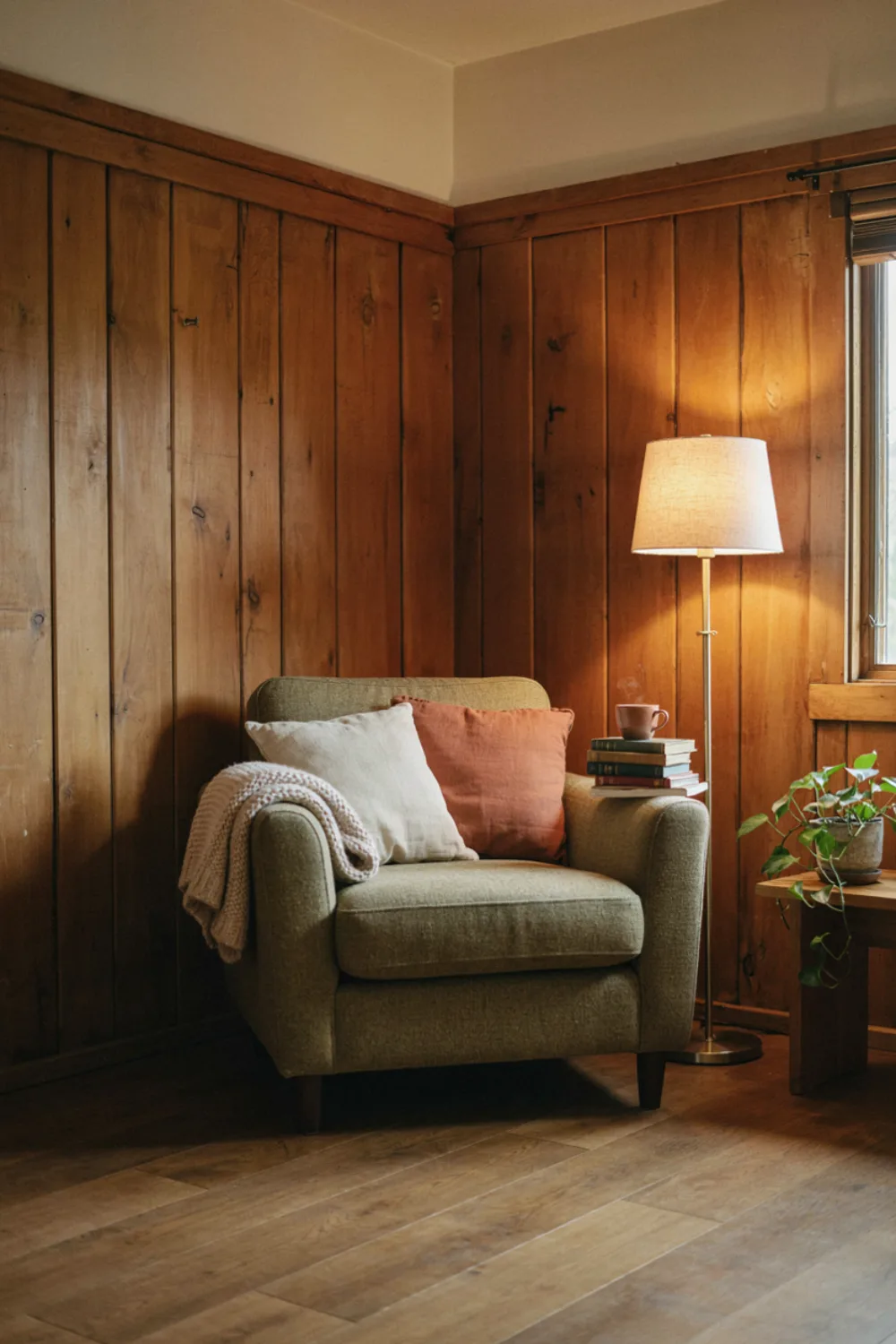 Room with warm wood wall decor: line a Reading Corner With Wood Panels
