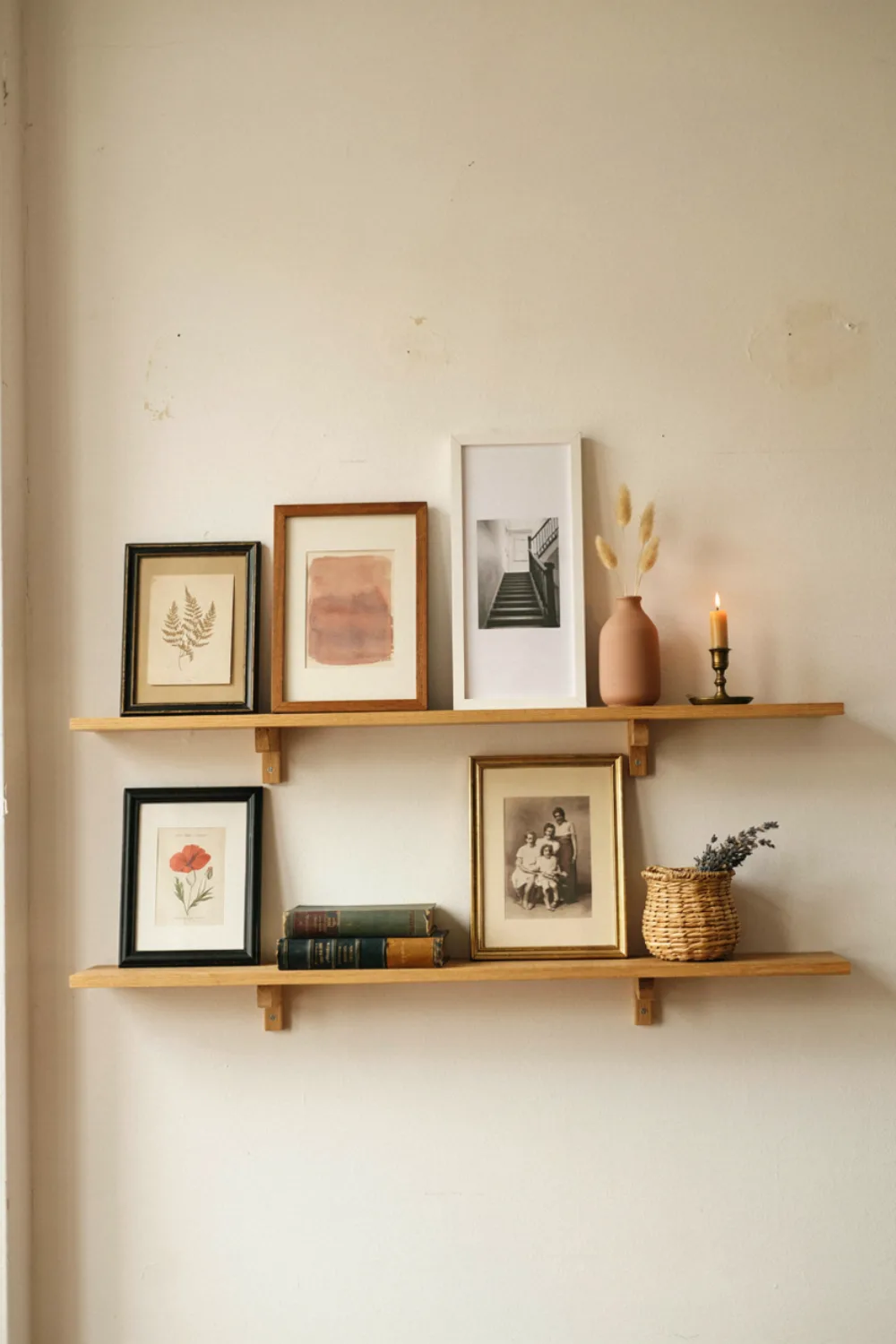 Room with warm wood wall decor: finish With Wood Picture Ledges